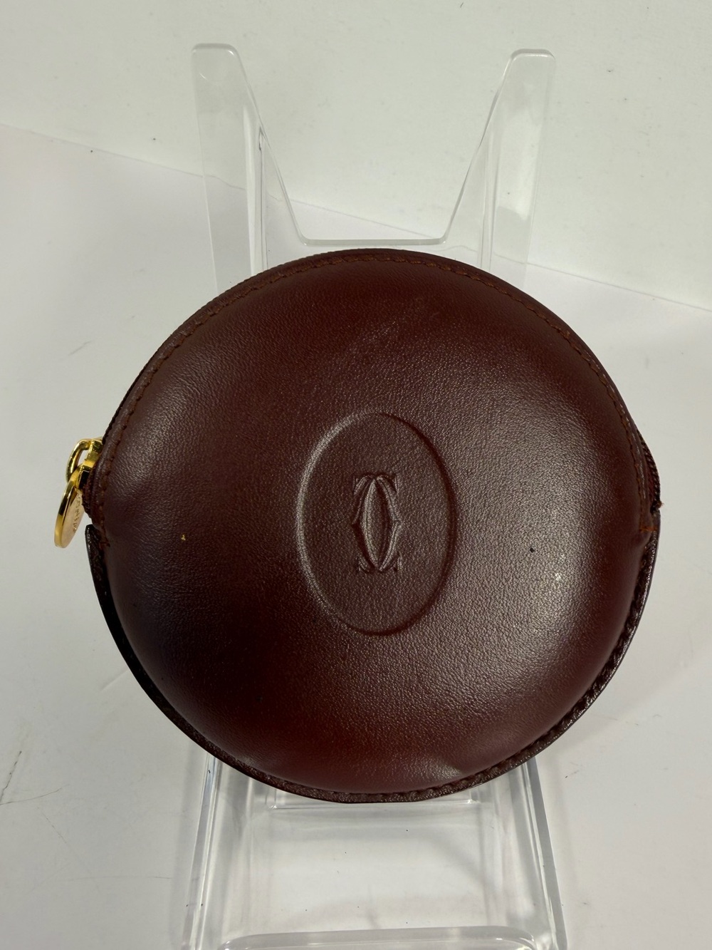 1276: Cartier Vintage Must de Cartier Burgundy Leather Round Coin Purse